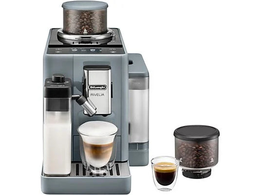 Cafetera superautomática - De'Longhi Rivelia EXAM440.55.G, Molinillo integrado, LatteCremaHot, Depósito leche, Táctil, 16 recetas, 19 bar, 1450W, Gris