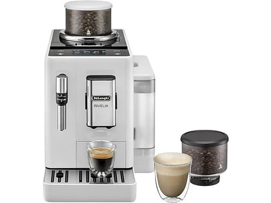 Cafetera superautomática - De'Longhi Rivelia EXAM440.35.W, Molinillo integrado, Espumador leche, Táctil, 4 perfiles, 8 recetas, 19bar, 1450W, Blanco