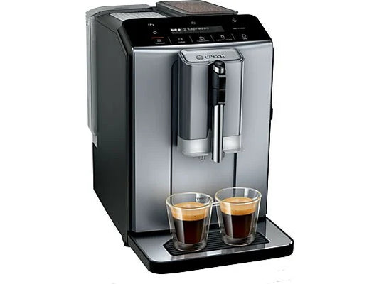 Cafetera superautomática - Bosch TIE20504, 15 bar, 1300 W, 2 tazas, SensoFlow System, OneTouch, Diamond titanium metallic